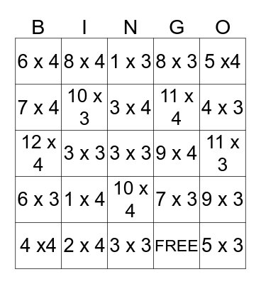 Multiplication Bingo Card