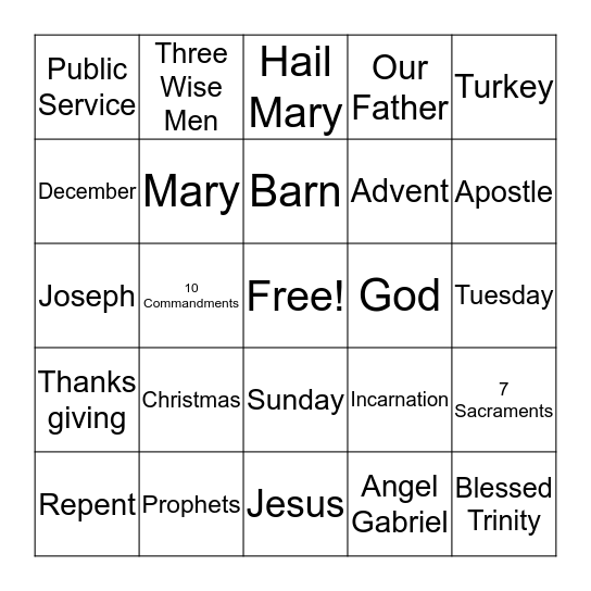 Religious Education Bingo  Bingo Card