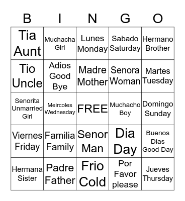 Spanish Bingo Card