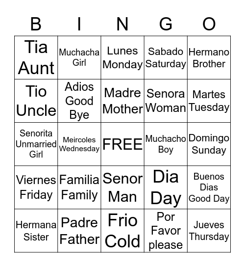 Spanish Bingo Card