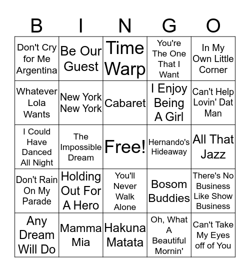 Best of Broadway Bingo Card