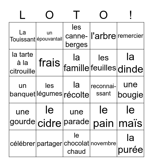 L'automne Bingo Card