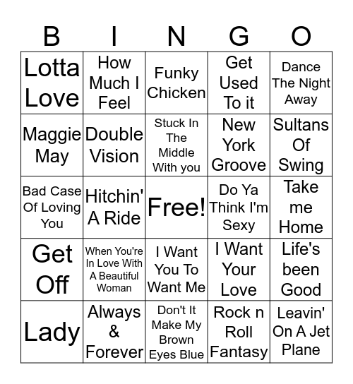 70s Hits Bingo Card