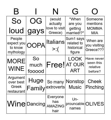 Greek Gathering Bingo!  Bingo Card