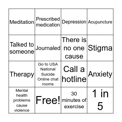 Mental Health: Anxiety and Depression Bingo Card