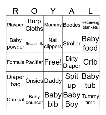 Royal Baby Shower Bingo Card