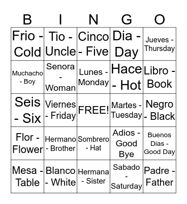 Spanish Bingo Card