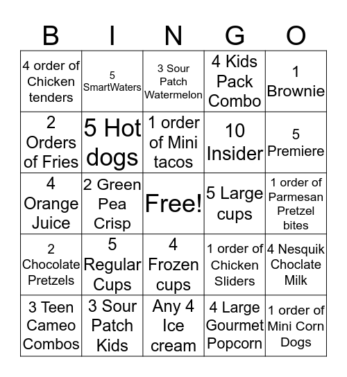 AMC Concession Bingo  Bingo Card