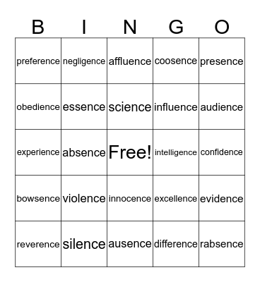 ence Bingo Card