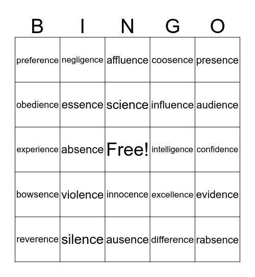 ence Bingo Card