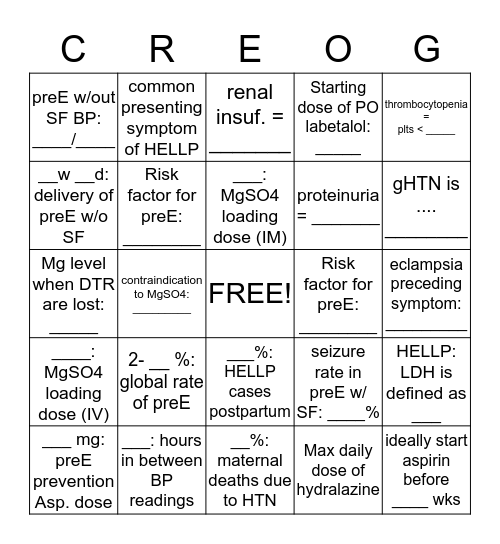 gHTN and preE Bingo Card