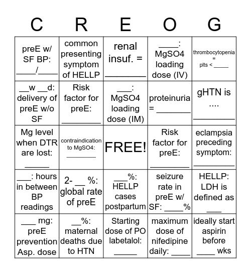 gHTN and preE Bingo Card