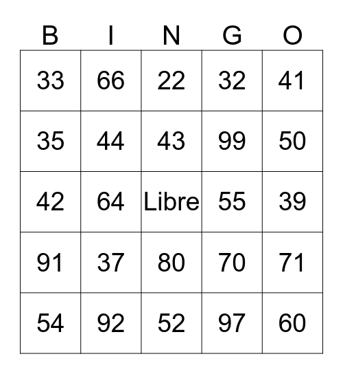 Numbers Bingo Card