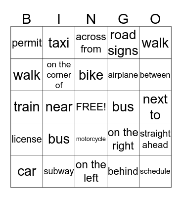 Transportation Bingo Card