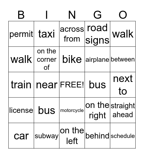 Transportation Bingo Card