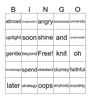 PARTS OF SPEECH BINGO Card