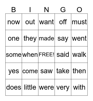 Sight Words Bingo Card