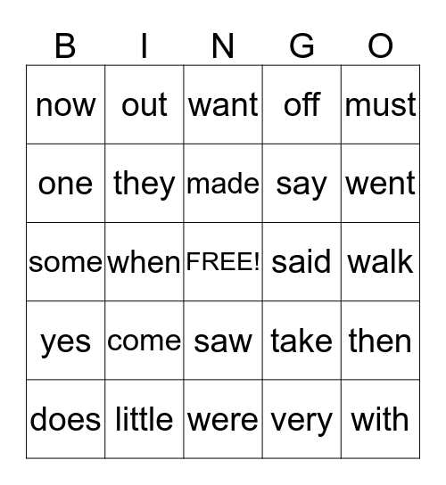 Sight Words Bingo Card