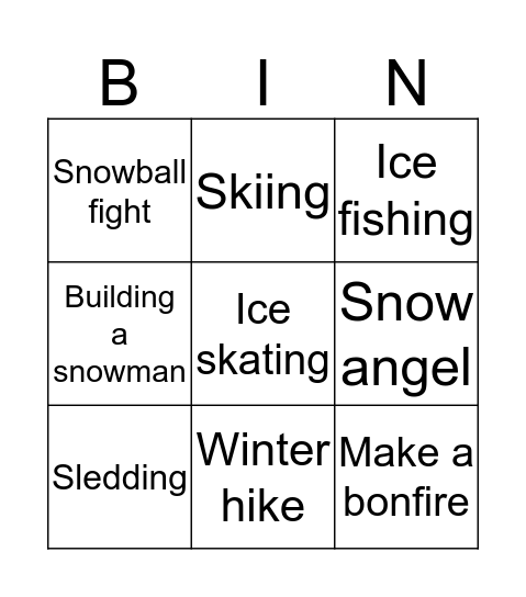 Winter activities Bingo Card