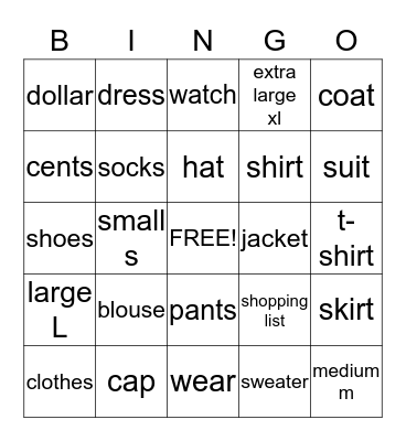 Clothing Bingo Card