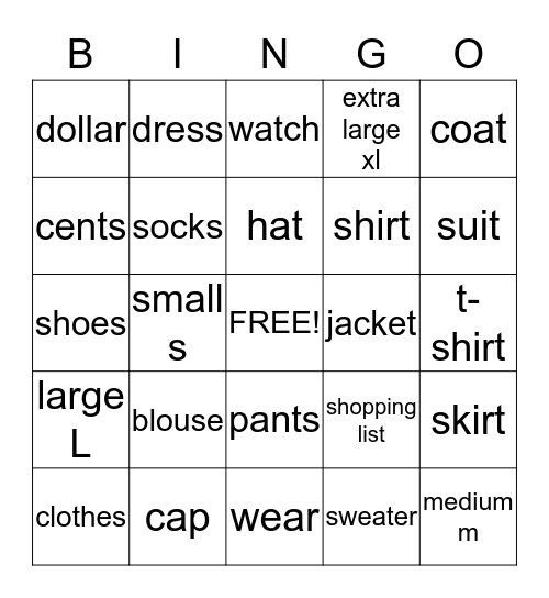 Clothing Bingo Card