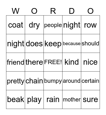 Wordo Fun! Bingo Card