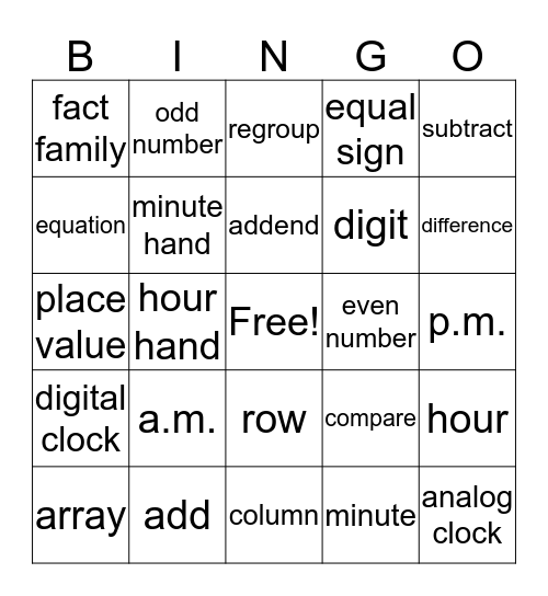 2nd Grade Math Vocabulary Bingo Card