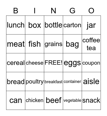 Food Shopping Bingo Card
