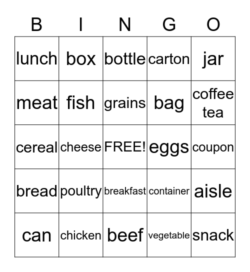Food Shopping Bingo Card