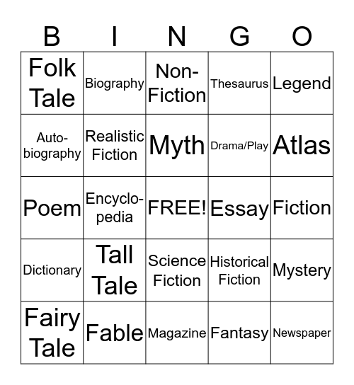 Genre and Reference Material Bingo Card