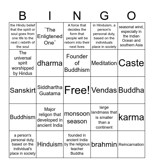 India Vocab Bingo Card