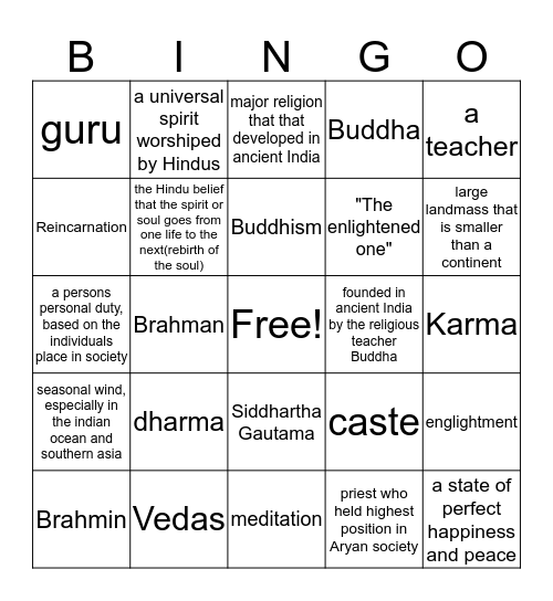 India bingo Card