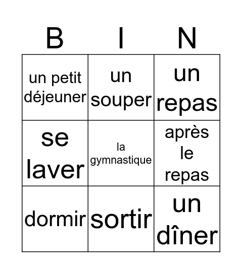 Unité 25 Bingo Card