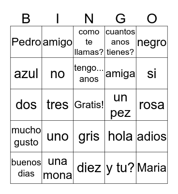 Vocabulario Bingo Card