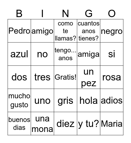 Vocabulario Bingo Card