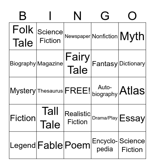 Genre and Reference Material Bingo Card