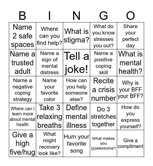 Coping Skills Bingo Card
