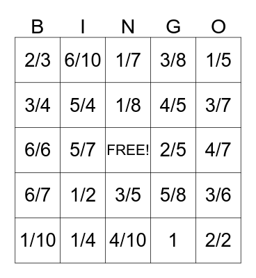Fraction Bingo Card