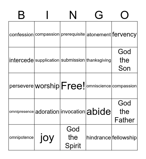 Lessons 13-18 Prayer Key Terms Bingo Card