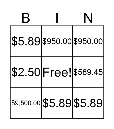 Place Value Bingo Card