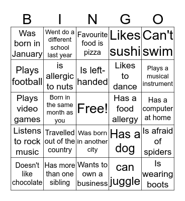 Classmate Bingo Card