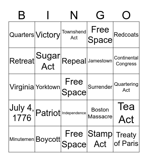 American Revolution Bingo Card