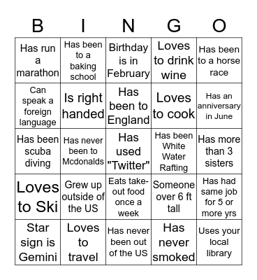 Icebreaker Bingo Card