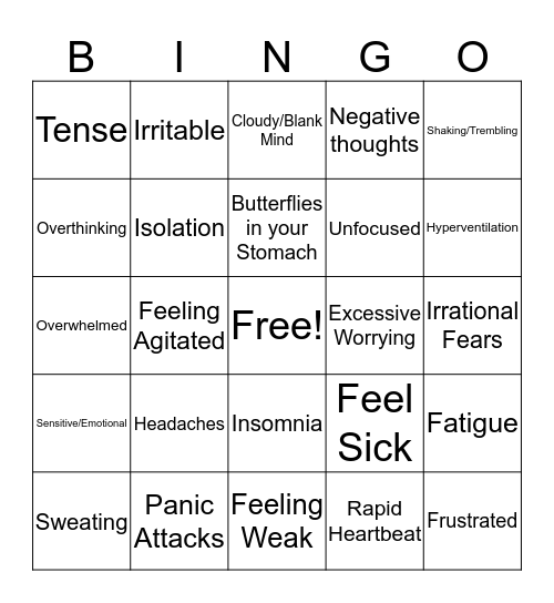 Anxiety Bingo Card