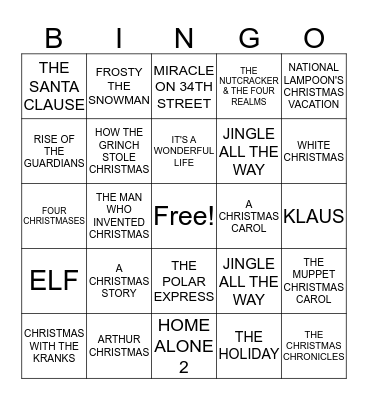 Christmas Movie Bingo Card