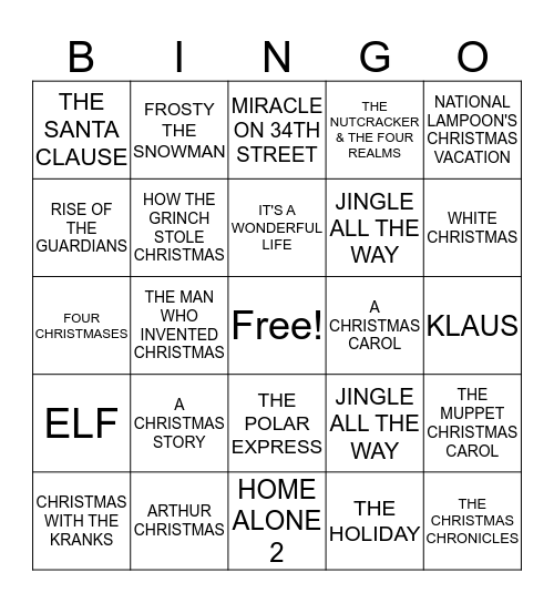 Christmas Movie Bingo Card