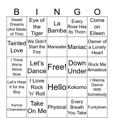 1980's Songs Bingo Card