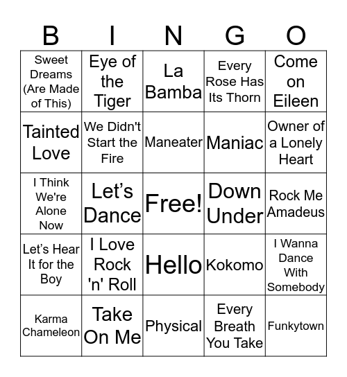 1980's Songs Bingo Card