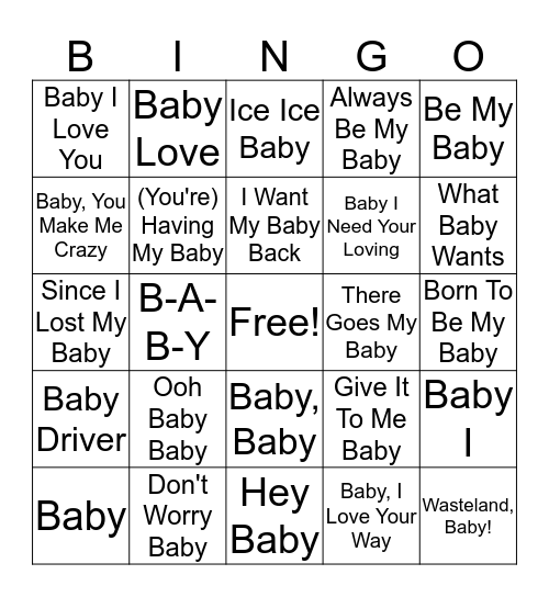 Songs That Have Baby In The Title Bingo Card