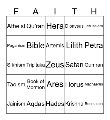 RELIGION Bingo Card